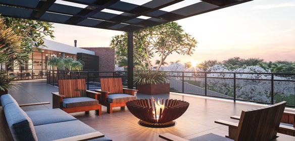 Terraço com fire place e vista aberta no lazer do La Montagne, Sousas